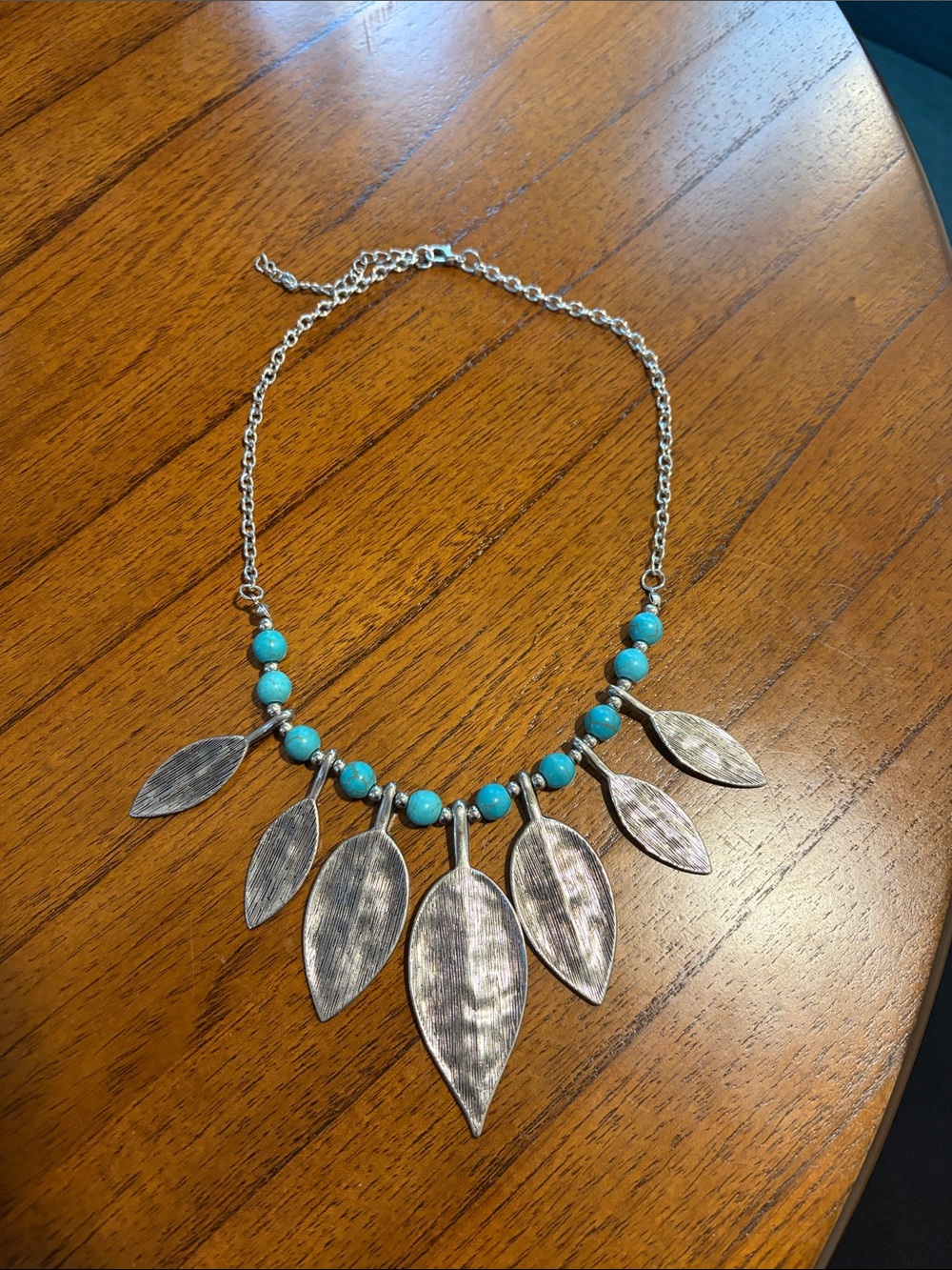Turquoise Bead Necklace with Silver Leaf Pendants